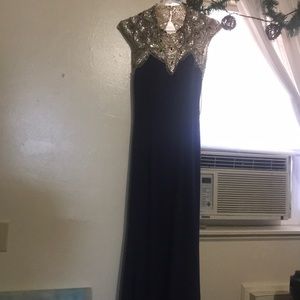 Jovani navy blue jersey sequin backless dress